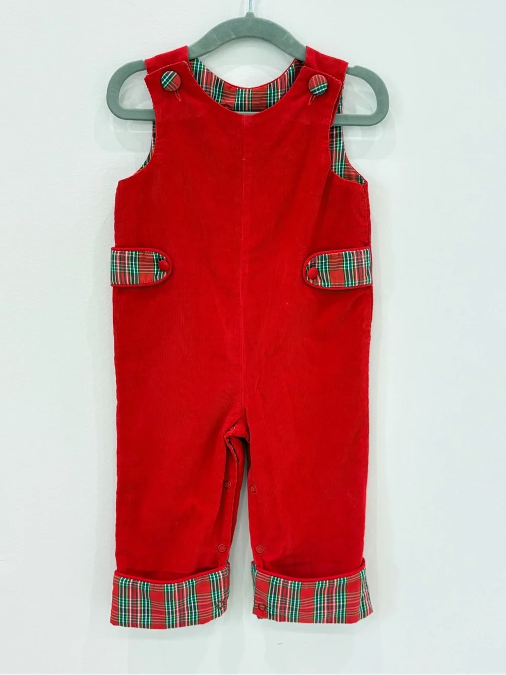 Festive Red Corduroy Kids Overalls with Plaid Trim